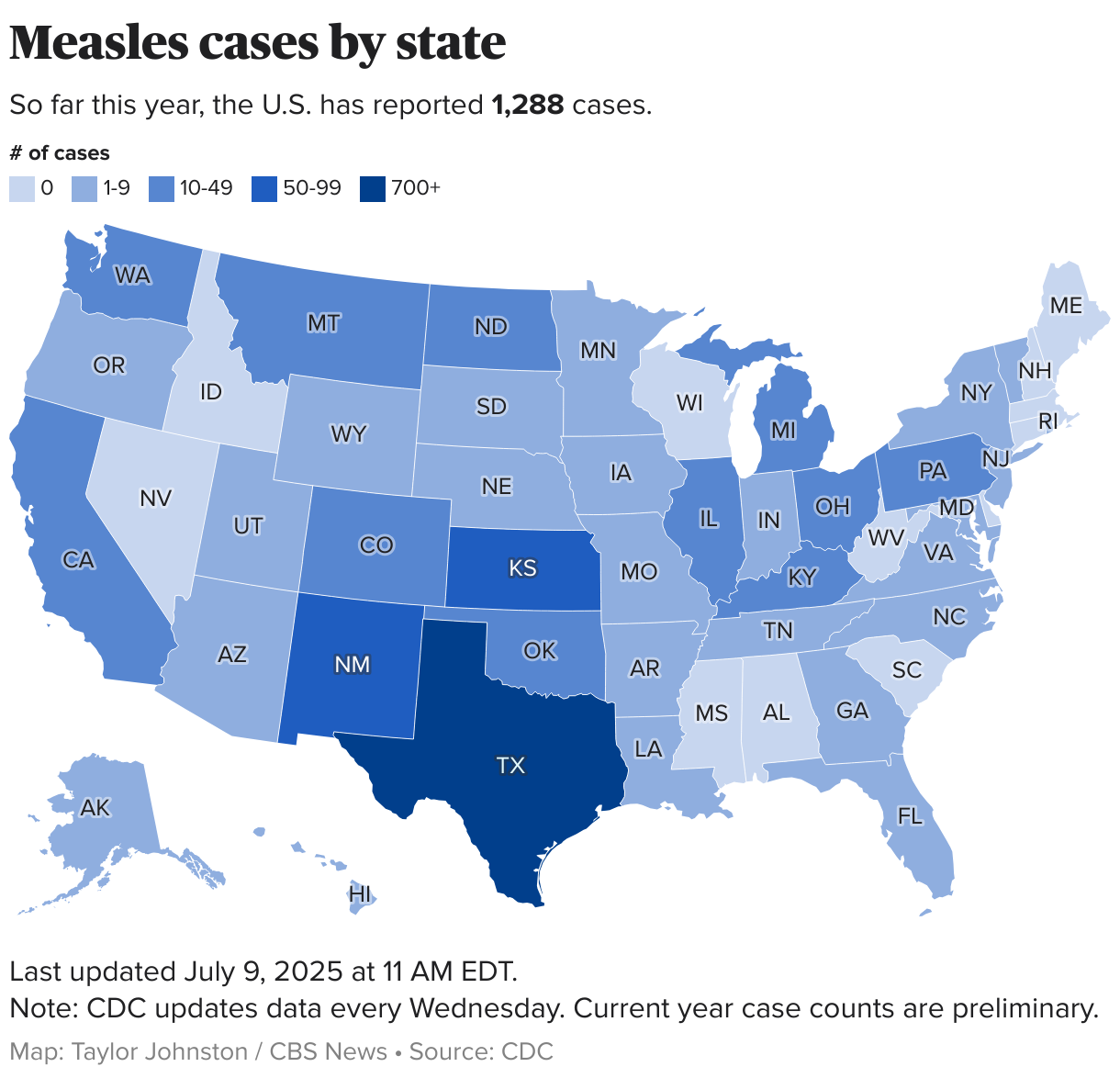 U.S. map showing number of reported cases of measles in 2025.