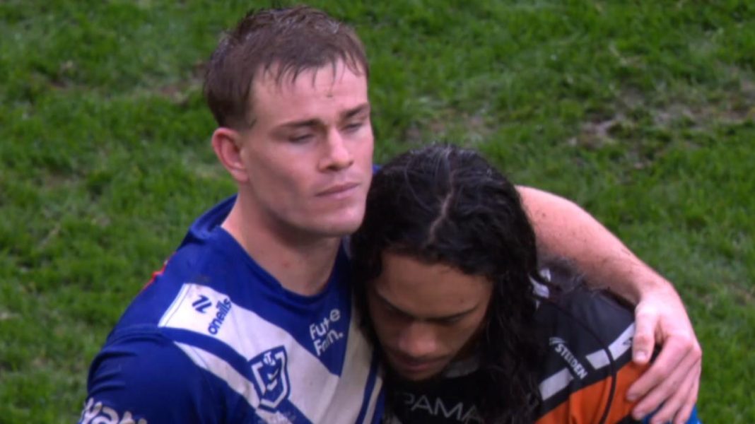 ‘Makes me feel good’: The embrace that puts Galvin and Luai feud to bed after Tigers upset